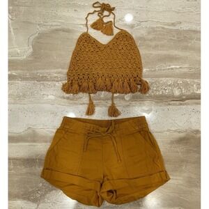 Womens Curated Boho Festival Retro Crochet Tassel Crop Halter Top‎ Shorts Set S